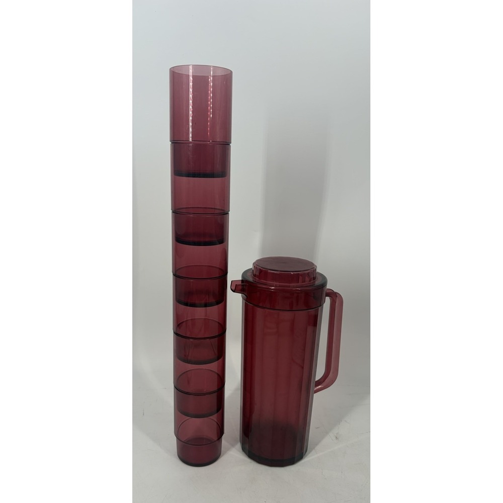 Vintage Tupperware Cranberry Red Ruby Acrylic Pitcher Cups Set Preludio Rare 7pc